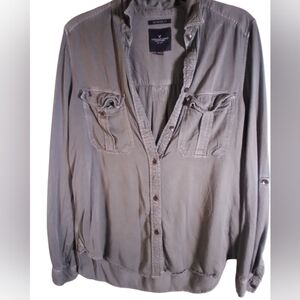 American Eagle Army Green Flowy Boyfriend Fit Button Down Top Size S Casual